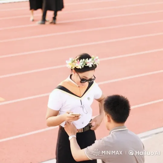 Flower-Crowned Graduate Showcases Martial Arts on Track Field – AI Generated Video | Hailuo AI