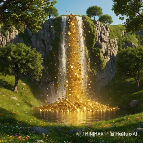 Golden Coin Waterfall Spectacle in Lush Valley – AI Generated Video | Hailuo AI