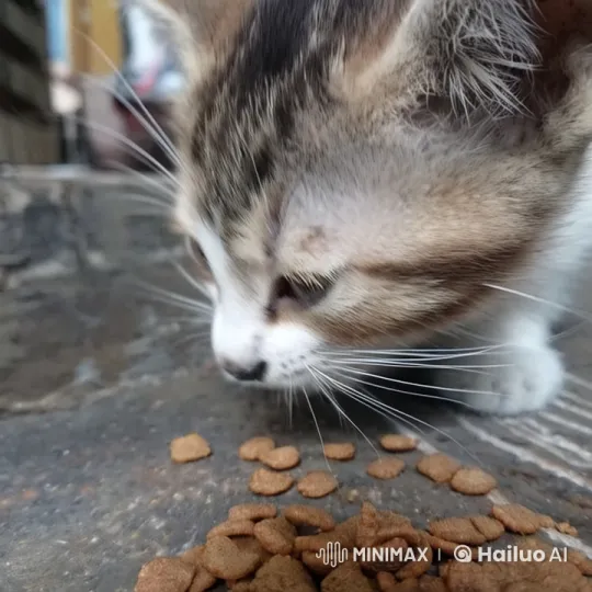 Close-up of Live2D Animated Kitten Eating Kibble – AI Generated Video | Hailuo AI