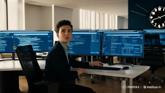 Cybersecurity Analyst Thwarts Account Hijacking in Minimalist Office – AI Generated Video | Hailuo AI