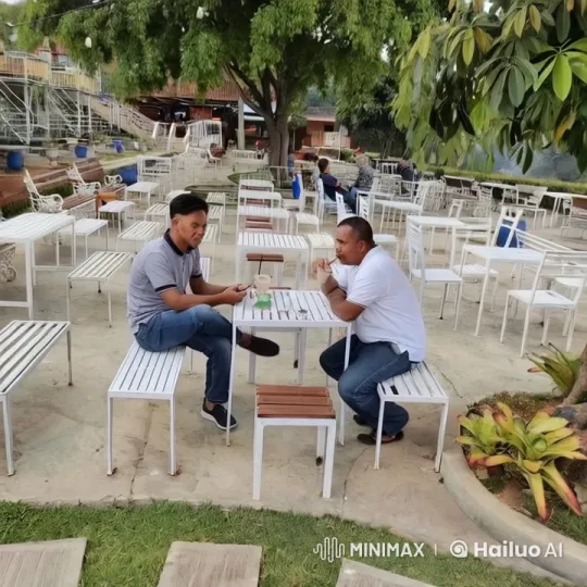 Two individuals having a conversation at a tranquil outdoor café. – AI Generated Video | Hailuo AI