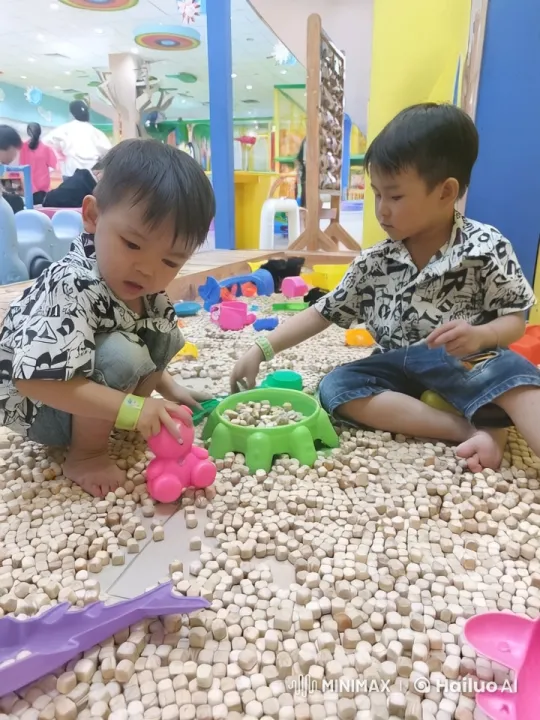 Boys Fight Playfully Amidst Wooden Blocks – AI Generated Video | Hailuo AI