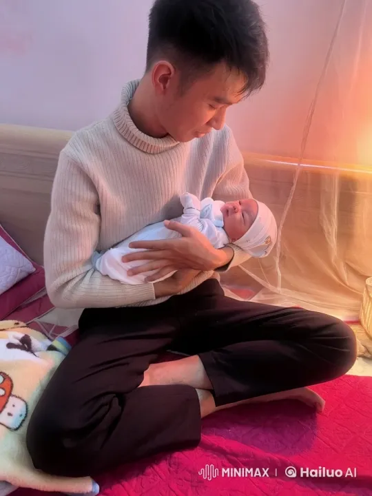 Man Tenderly Bonds with Newborn in Warm, Cozy Setting – AI Generated Video | Hailuo AI