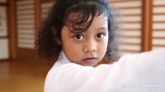 Curly-haired Girl Enthusiastically Performs Kung Fu in Dojo – AI Generated Video | Hailuo AI