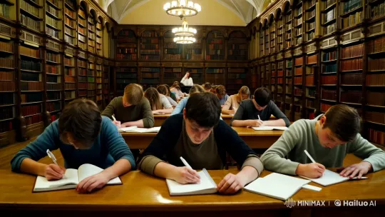 Dreary Library Study Scene with Monotonous Teaching – AI Generated Video | Hailuo AI