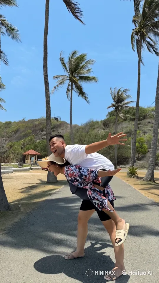 Joyful Beachside Piggyback Ride in Sunny Park – AI Generated Video | Hailuo AI
