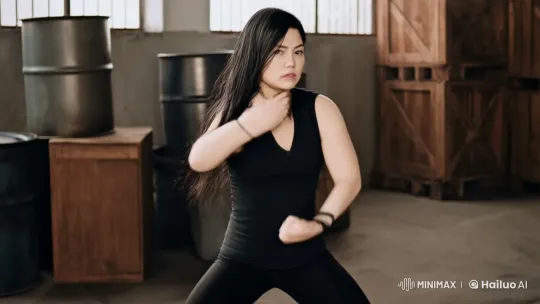Woman Performs Intense Martial Arts in Dim Warehouse – AI Generated Video | Hailuo AI