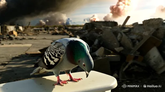 Pigeon on Toilet Amidst War's Chaos and Sorrow – AI Generated Video | Hailuo AI