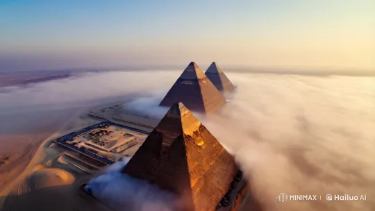Aerial Dawn Illuminates Pyramids of Giza in Majestic Detail – AI Generated Video | Hailuo AI