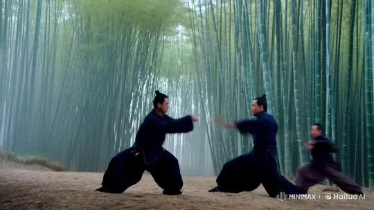 Kung Fu Masters in Bamboo Forest Combat Display – AI Generated Video | Hailuo AI