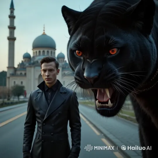 Man Walks with Agitated Puma Near Mosque – AI Generated Video | Hailuo AI