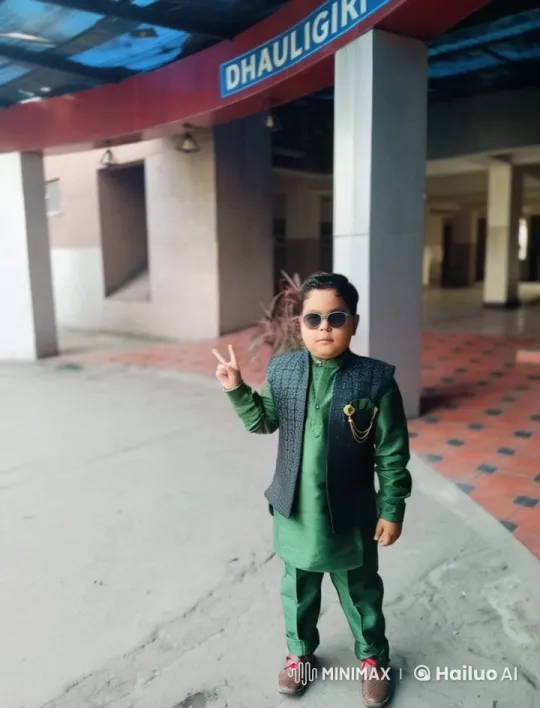 Young Boy in Traditional Attire Waves Peace Sign – AI Generated Video | Hailuo AI
