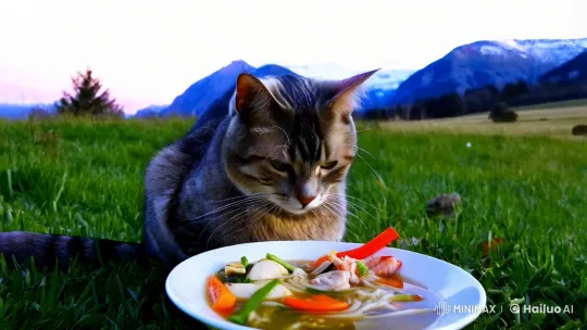 Serene Meadow: Cat Savors Soup Amidst Majestic Landscape – AI Generated Video | Hailuo AI