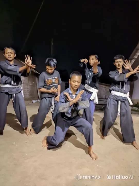 Nighttime Kung Fu Display by Five Practitioners – AI Generated Video | Hailuo AI