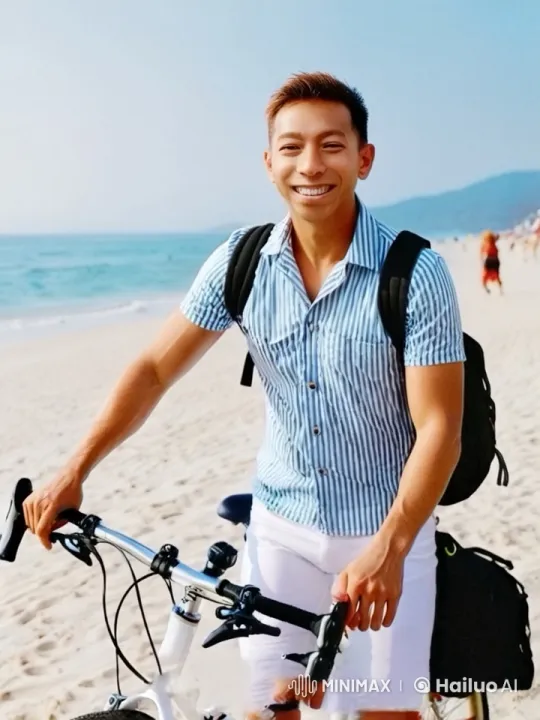 Young Man Enjoying Leisure Time on Sandy Beach – AI Generated Video | Hailuo AI