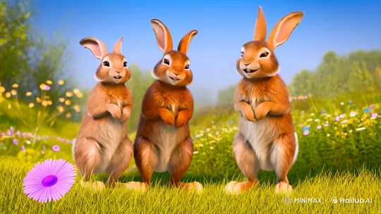 Whimsical Rabbits Sing in Serene Meadow Setting – AI Generated Video | Hailuo AI