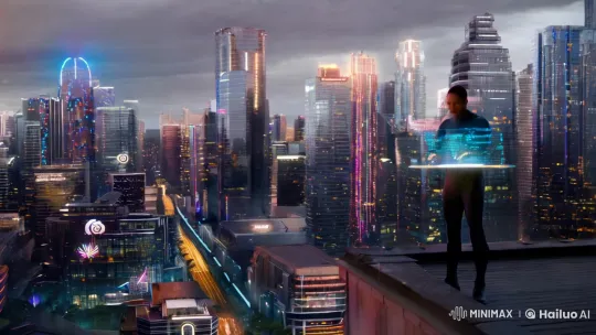 Futuristic Cityscape with AI-Connected Protagonist – AI Generated Video | Hailuo AI