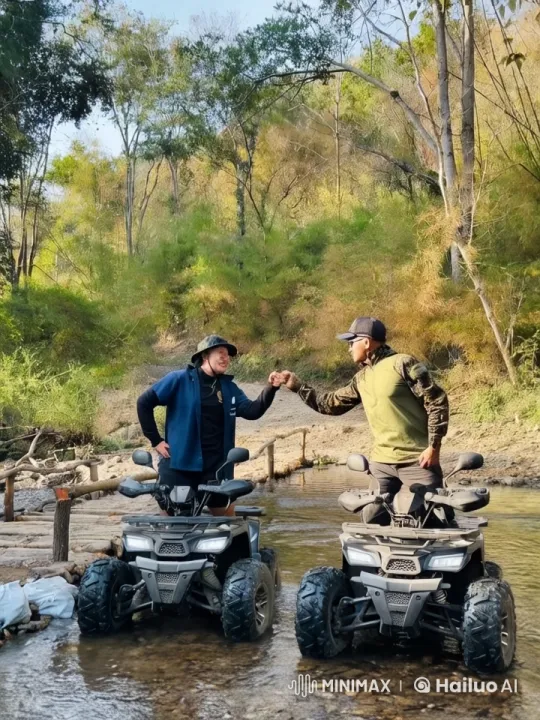 Friends Enjoying Nature: ATV Fist Bump in Tranquil Forest – AI Generated Video | Hailuo AI