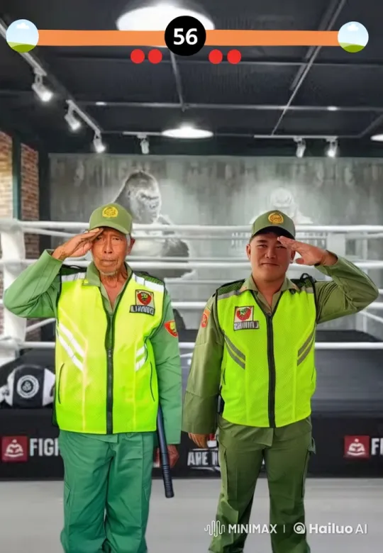 Security Guards Perform Kungfu Salute in Boxing Ring – AI Generated Video | Hailuo AI