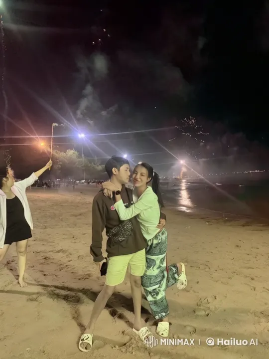 Night Beach Kungfu Practice with Fireworks Background – AI Generated Video | Hailuo AI