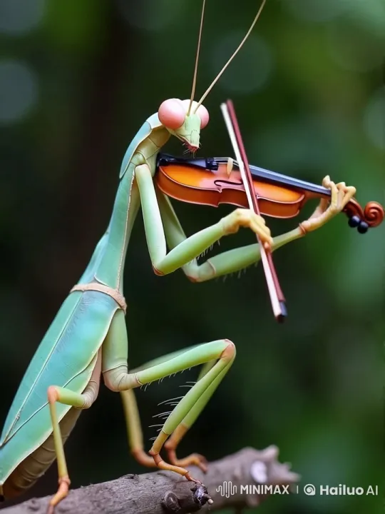 Praying Mantis Plays Violin in Lush Forest – AI Generated Video | Hailuo AI
