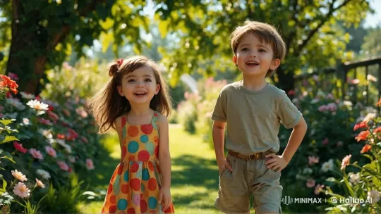 Children Stroll Through a Serene Flower Garden – AI Generated Video | Hailuo AI