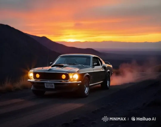 1969 Mustang Speeds Through Desert at Sunset – AI Generated Video | Hailuo AI