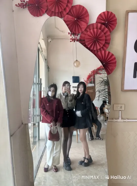 Three Friends Pose Playfully in Trendy Cafe Mirror – AI Generated Video | Hailuo AI