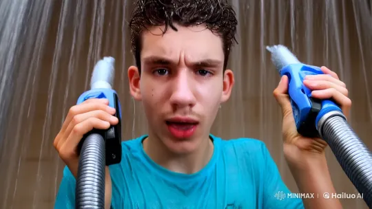 Young Man Battles Pig in Shower with Vacuum Cleaners – AI Generated Video | Hailuo AI