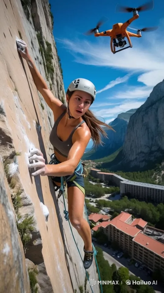Drone Captures Woman Climbing Cliff with Stunning Aerial Views – AI Generated Video | Hailuo AI