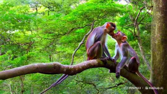 Monkeys Kissing in Lush Forest Panorama – AI Generated Video | Hailuo AI