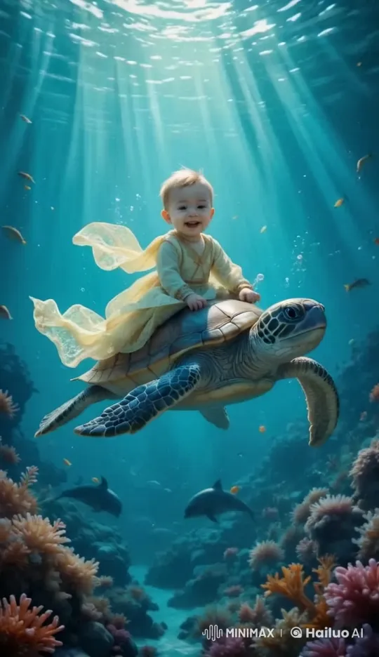 Baby on Turtle Explores Magical Underwater Wonderland – AI Generated Video | Hailuo AI
