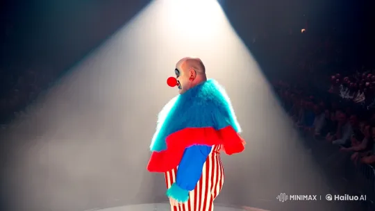 Vibrant Clown Commands Attention in Dramatic Spotlight – AI Generated Video | Hailuo AI