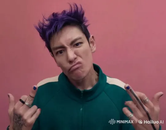 Purple-haired Person with Tattoos Flips Fork on Pink Background – AI Generated Video | Hailuo AI