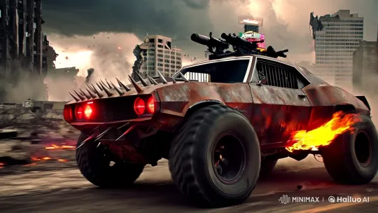 Armored Muscle Car in Post-Apocalyptic Chase – AI Generated Video | Hailuo AI