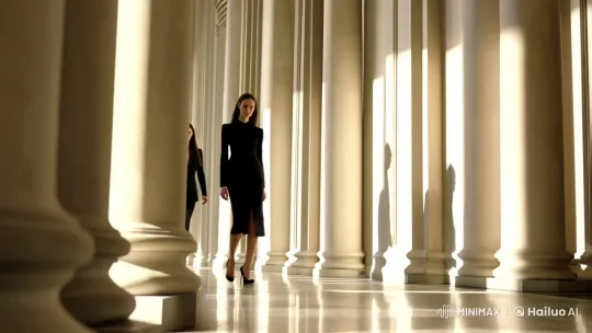Elegance in Motion: Sophisticated Women in Sunlit Hallway – AI Generated Video | Hailuo AI