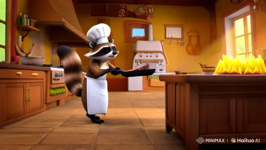 Whimsical Raccoon Chef Cooks in Cozy Kitchen – AI Generated Video | Hailuo AI