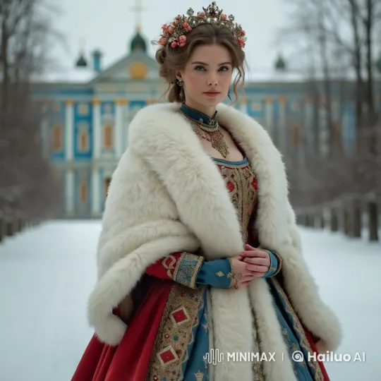 Red-Gowned Woman Poses in Snowy Palace Courtyard – AI Generated Video | Hailuo AI