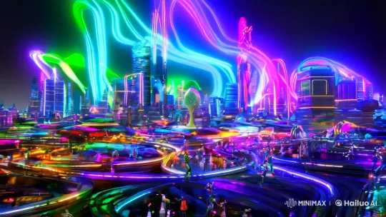 Futuristic Cityscape: Neon, Robots, and Artistic Harmony – AI Generated Video | Hailuo AI