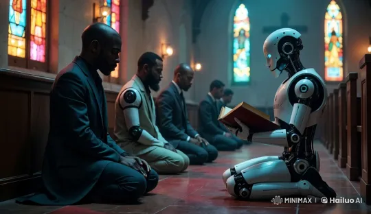 Robot Reads Book in Serene Church with Meditating Men – AI Generated Video | Hailuo AI