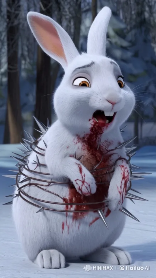 White Rabbit Trapped in Barbed Wire, Struggling for Help – AI Generated Video | Hailuo AI