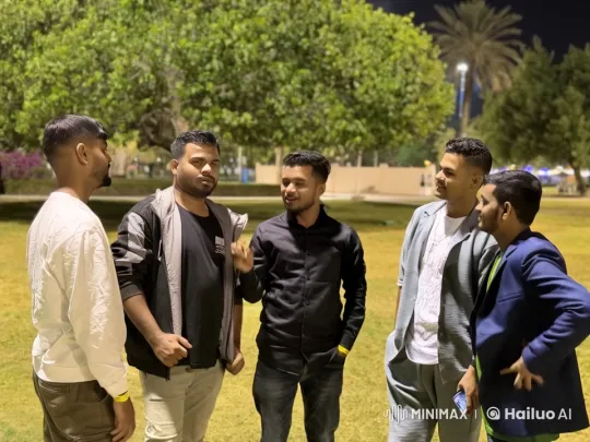 Five Young Men Engage in Animated Night Park Chat – AI Generated Video | Hailuo AI