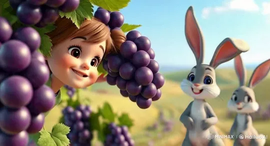 Cheerful Girl and Bunny Pick Glittering Grapes – AI Generated Video | Hailuo AI