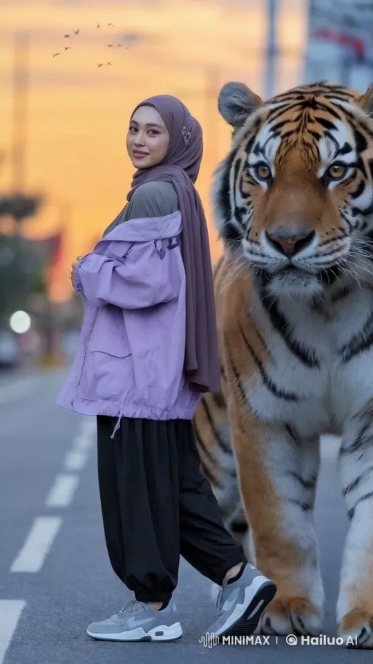 Woman Walks with Tiger on Serene Sunset Road – AI Generated Video | Hailuo AI