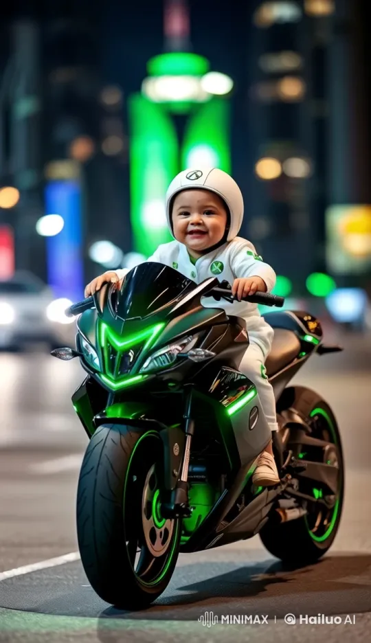 Child Rider on Futuristic Motorcycle in Night Cityscape – AI Generated Video | Hailuo AI