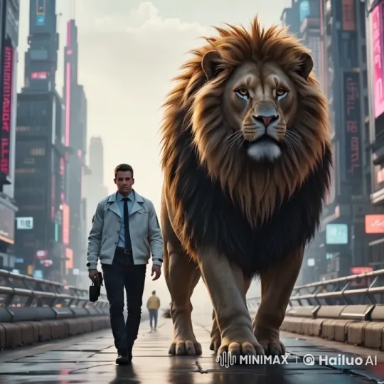 Man and Lion Walk Through Futuristic Cityscape – AI Generated Video | Hailuo AI