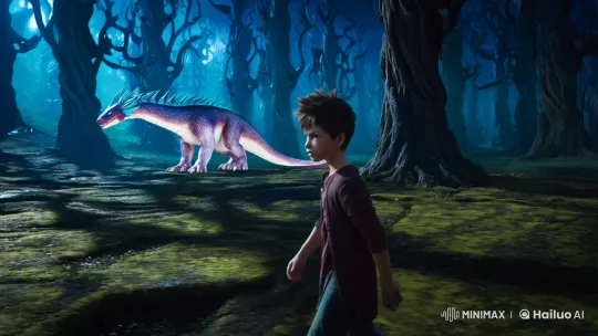 Mysterious Boy Faces Majestic Creature in Enchanted Forest – AI Generated Video | Hailuo AI
