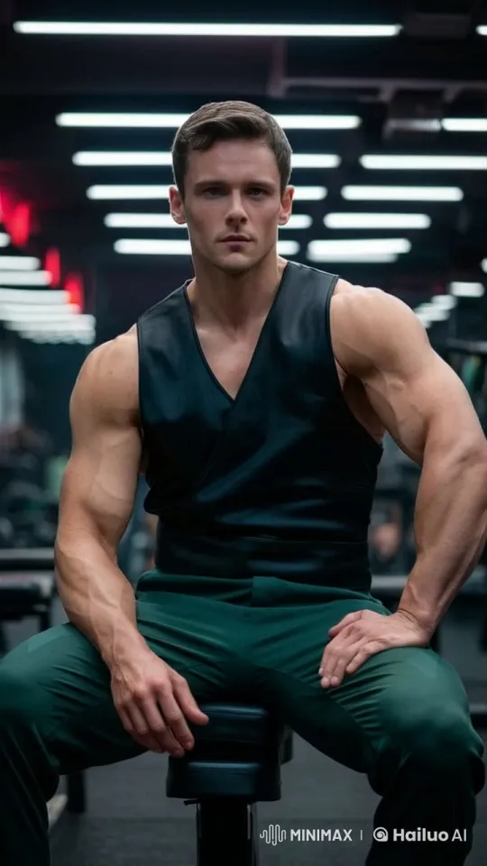 Contemplative Muscular Man in Dimly Lit Gym – AI Generated Video | Hailuo AI