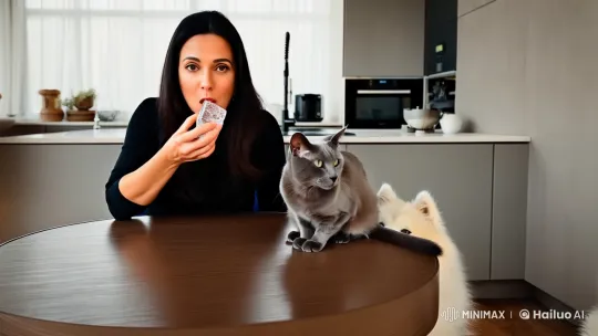 Woman, Cat, and Dog Share Serene Kitchen Moment – AI Generated Video | Hailuo AI