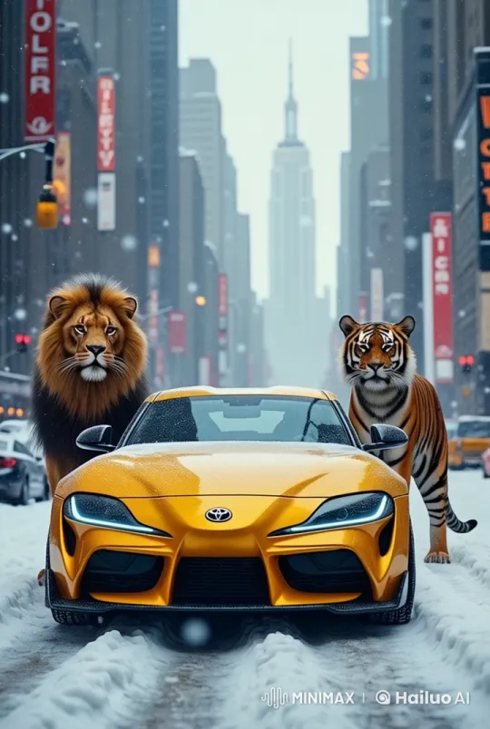 Urban Safari: Yellow Toyota with Lion and Tiger in Snow – AI Generated Video | Hailuo AI